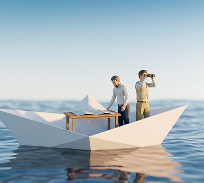 Zwei Menschen arbeiten gemeinsam auf hoher See, um den Weg zu finden (KI-generiert)