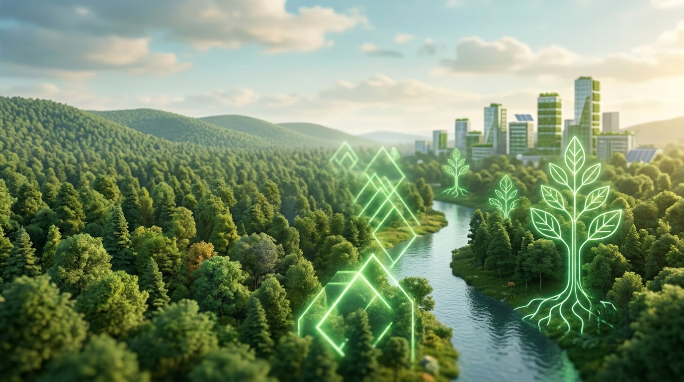 Ein Wald mit digitalen Bäumen und einer grünen Stadt der Zukunft